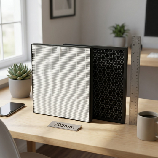 SHARP FZ-A40SFU filter kit shown on a desk beside an object, providing a precise scale reference.