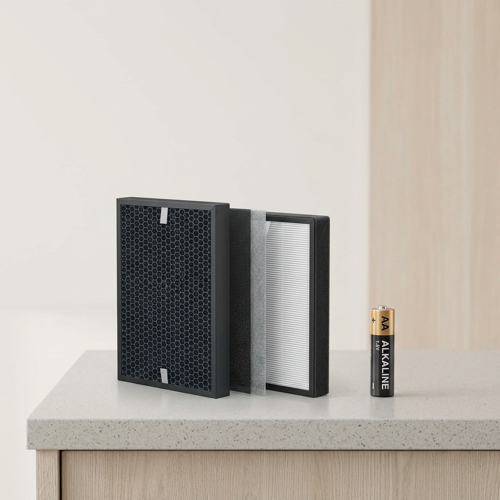Side-by-side view: SHARP FZC100DFU filter kit and a standard AA battery for scale in a clean home setting.