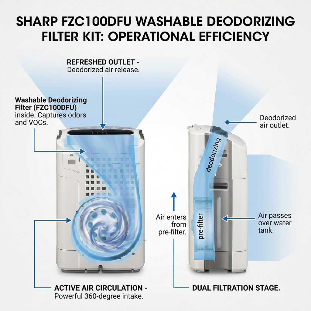 Technical infographic detailing the operation of the FZC100DFU deodorizing filter kit for Sharp KC-850U, showing washable, high-efficiency, multi-stage filtration.