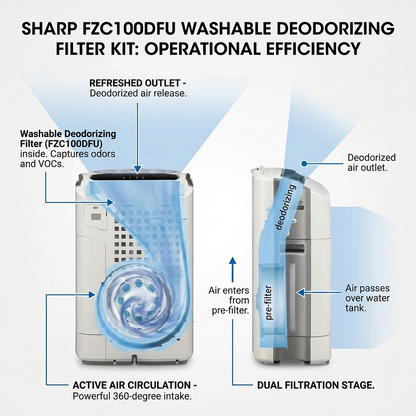 Technical infographic detailing the operation of the FZC100DFU deodorizing filter kit for Sharp KC-850U, showing washable, high-efficiency, multi-stage filtration.