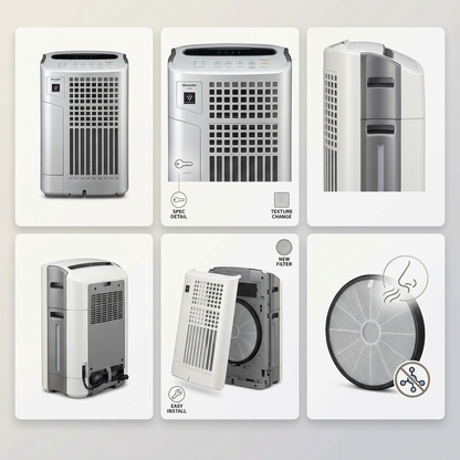 A six-panel image grid showing the replacement filter kit from front, back, side, and component views, including the deodorizing properties.