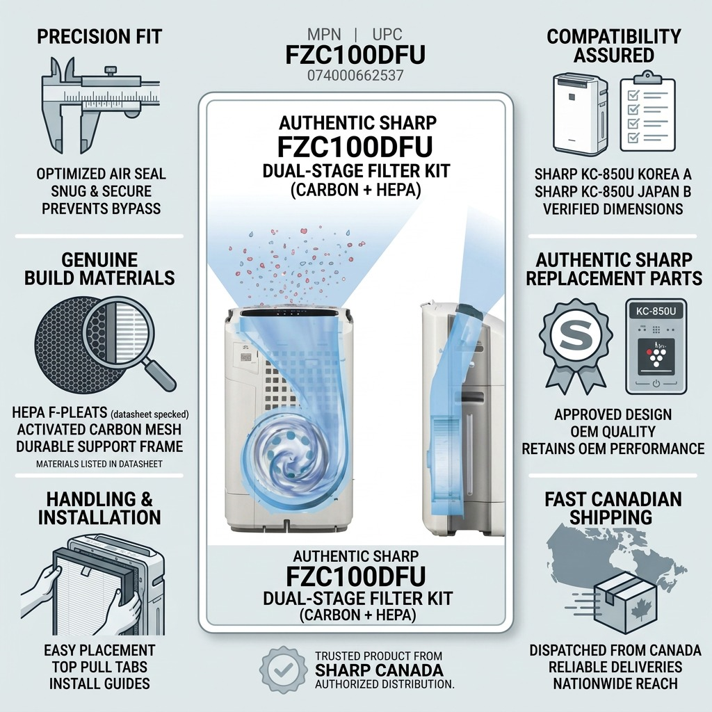 A trust infographic for the Sharp FZC100DFU filter kit, showcasing build quality and compatibility.