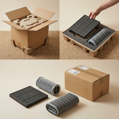 Multiple views of FZC100DFU filter kit nestled within custom protective shipping foam and carton, instilling purchase confidence.
