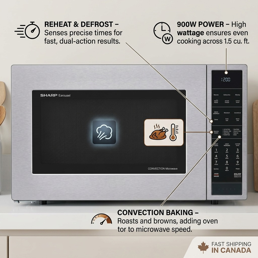 A clean ecommerce image showcasing the SHARP SMC1585KS microwave, featuring minimal overlay callouts linking its controls to key benefits.