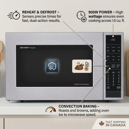A clean ecommerce image showcasing the SHARP SMC1585KS microwave, featuring minimal overlay callouts linking its controls to key benefits.