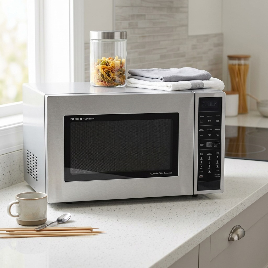 The Sharp SMC1585KS 1.5 cu. ft. Stainless Steel Carousel Convection Microwave Oven on a clean kitchen counter.