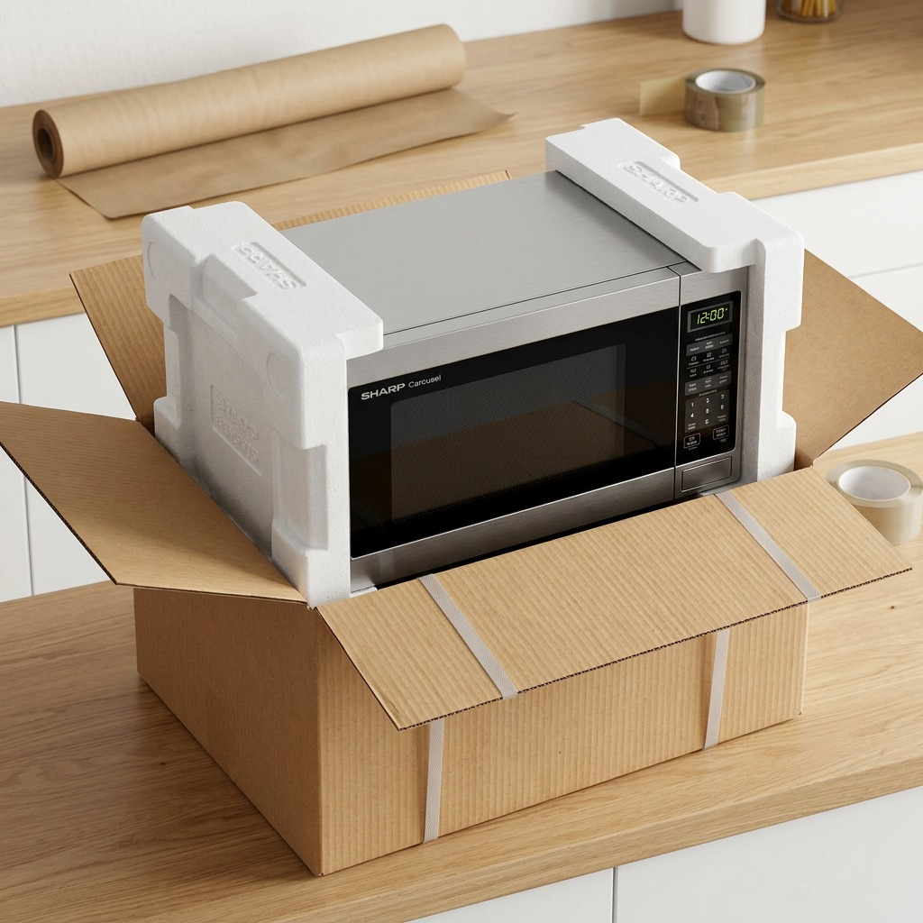Unboxing a new, securely packed Sharp carousel microwave oven on a clean countertop within protective shipping materials.