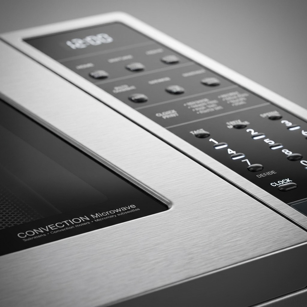 Extreme close-up of the stainless steel control panel of the SHARP Carousel Convection Microwave. Detailed textures on buttons and backlit LED clearly visible.