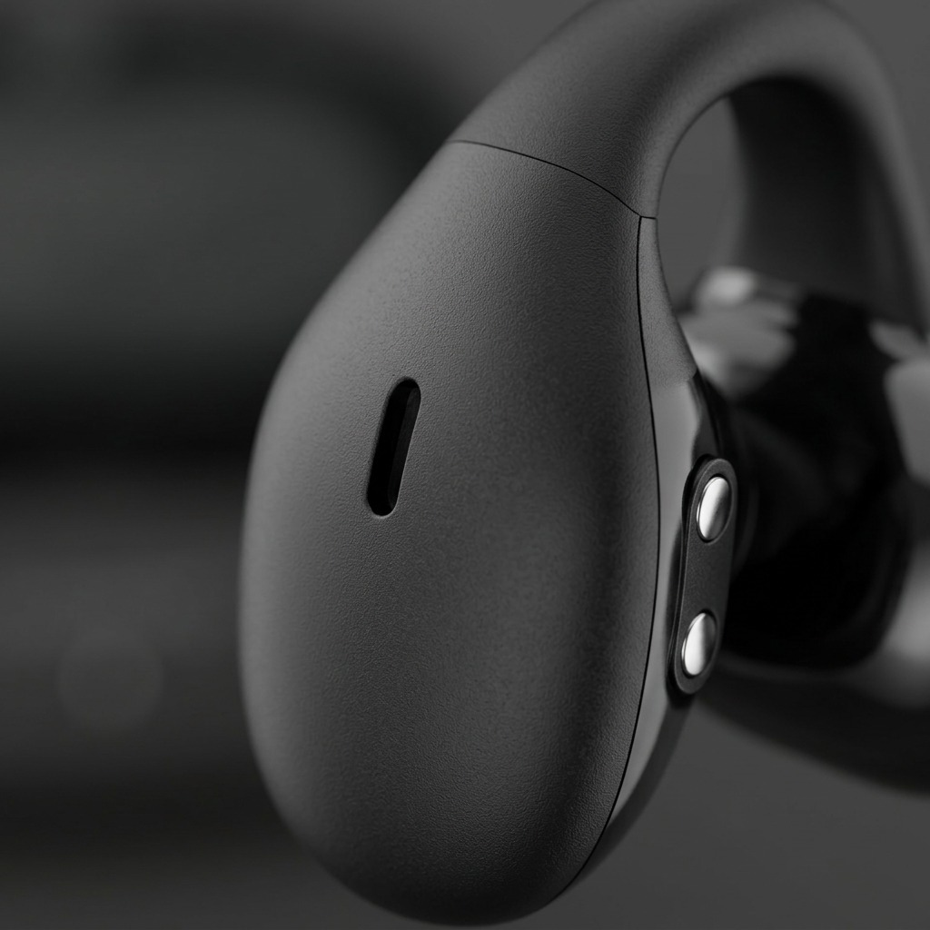 A macro inspection photo of the SHARP HP-TW45-BK earbud, detailing the matte texture and oval port.