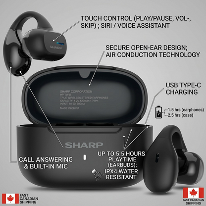 Feature graphic of black Sharp. HP-TW45-BK earbuds with callouts for touch control, secure fit, 5.5h playtime, and IPX4 rating.