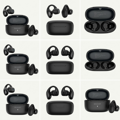 A grid matrix showing the Sharp HP-TW45-BK earbuds and case from three unique angles.