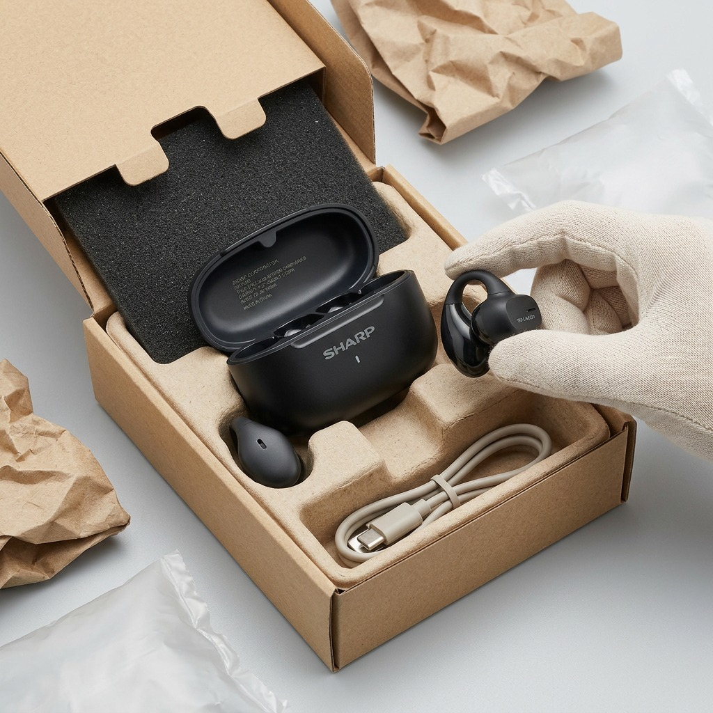 A clean studio shot showing open-ear earbuds unboxed from secure molded pulp and foam packaging.