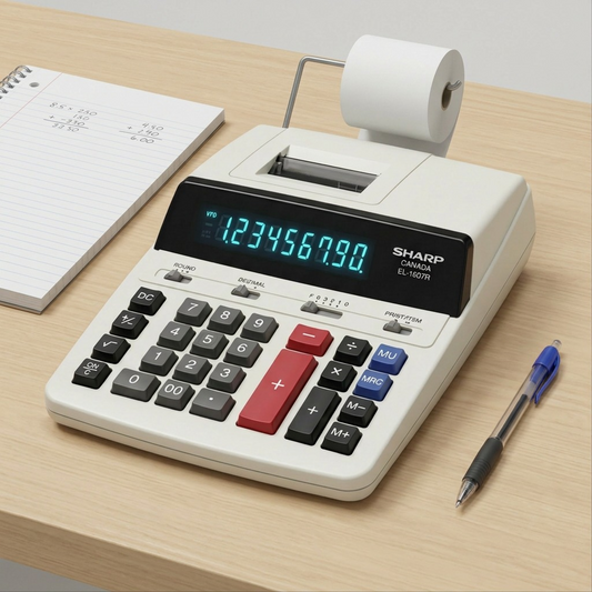 A photorealistic scale comparison of the EL-1607R calculator next to a coiled notebook and pen on a desk.