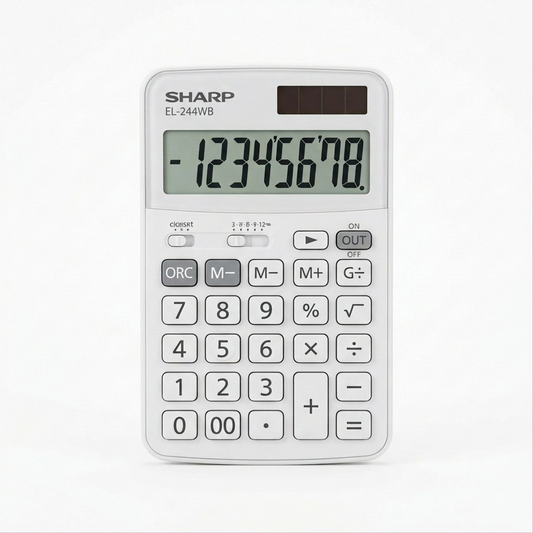 A high-resolution, centered view of the SHARP EL-244WB 8-Digit calculator with accurate details and clear display.