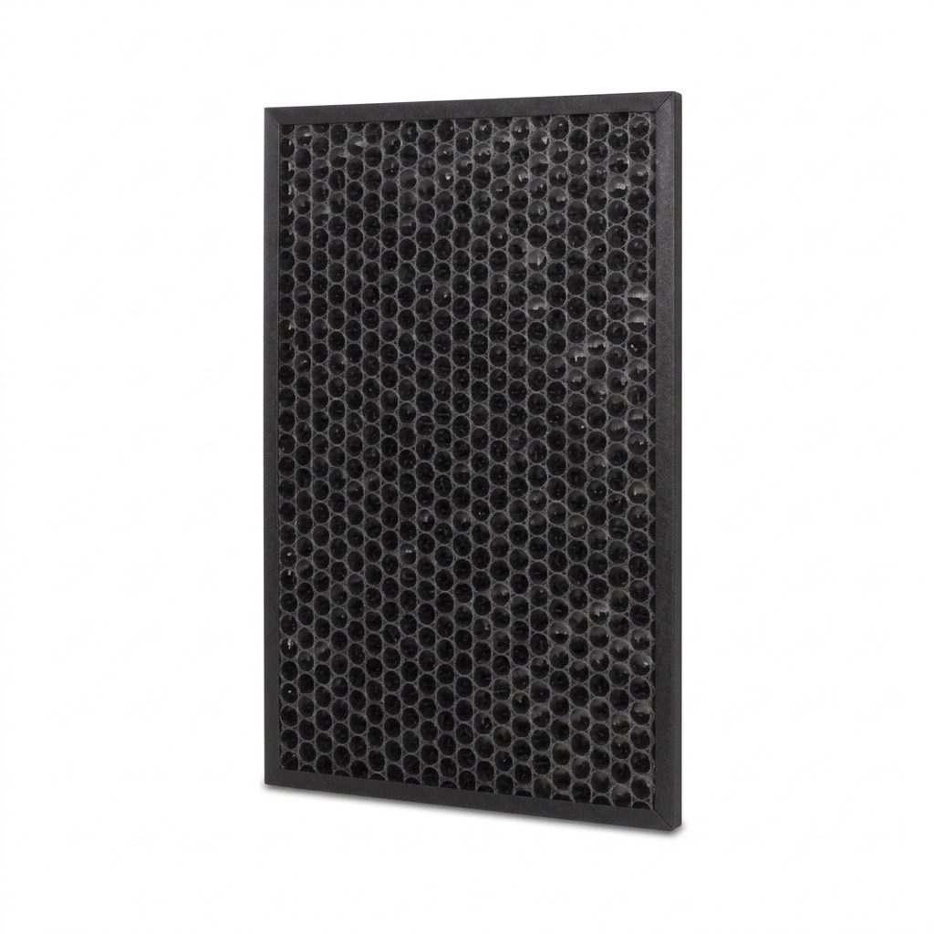 High-resolution centered product photograph of the Sharp FZJ80DFU Activated Carbon Air Purifier Filter in its black frame with a honeycomb structure, on a pure white background.