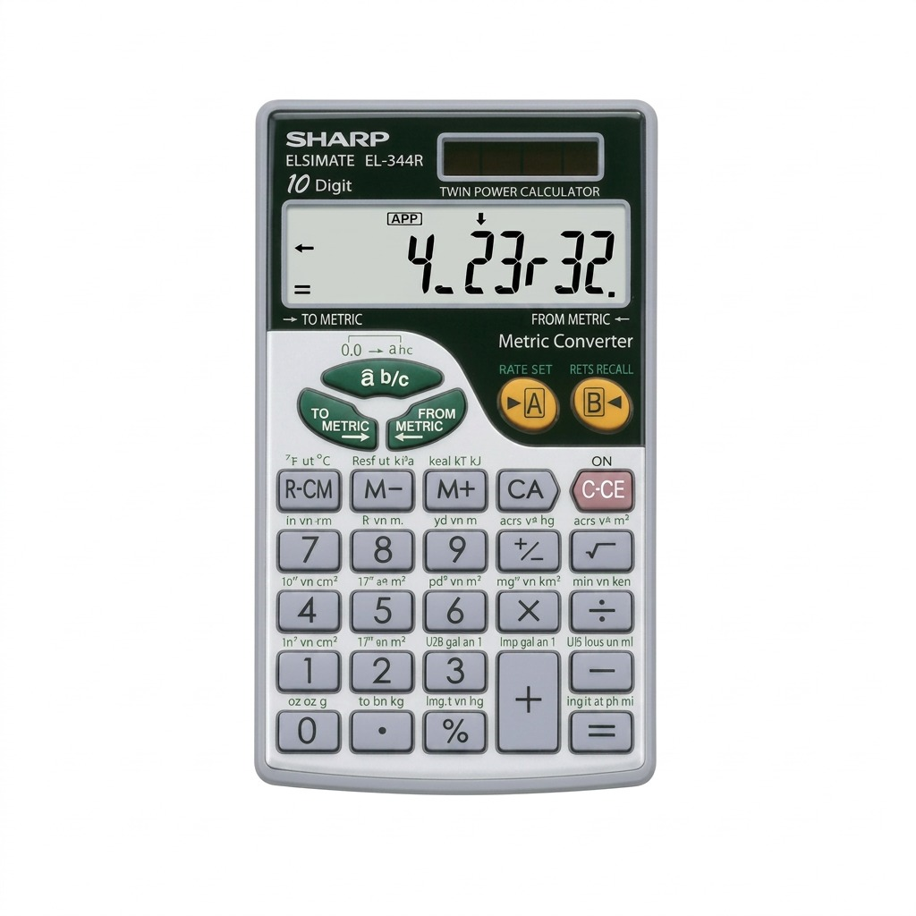 Sharp EL344R calculator with metric conversions and large display, isolated hero shot.
