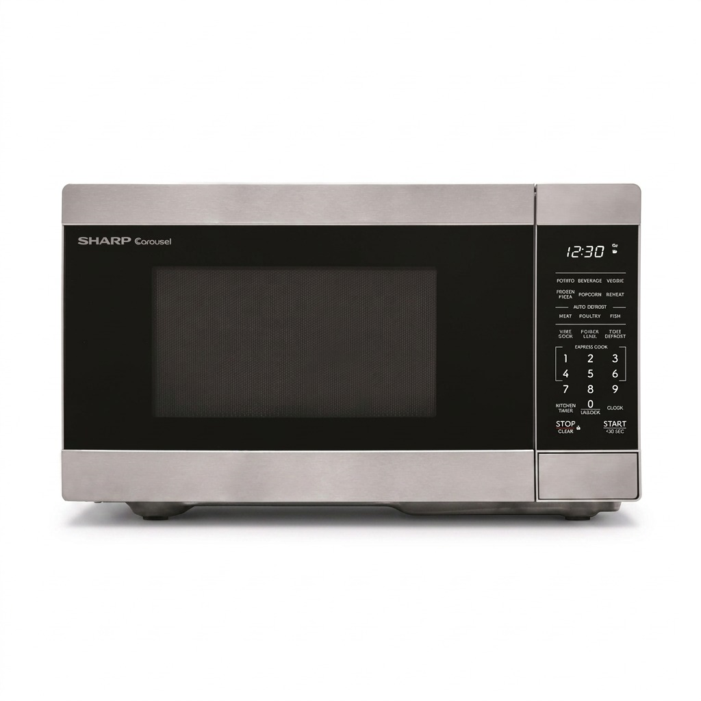 High-resolution centered studio hero shot of the Sharp SMC0762KSC Stainless Steel Countertop Microwave against a pure white background.