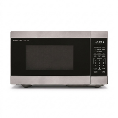 High-resolution centered studio hero shot of the Sharp SMC0762KSC Stainless Steel Countertop Microwave against a pure white background.
