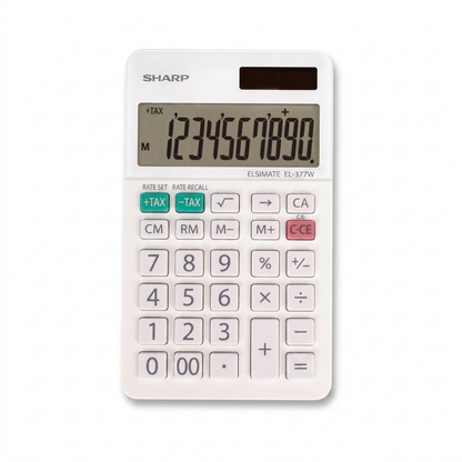 A top-down photograph of the white SHARP EL377W desktop calculator, displaying digits '1234567890'.
