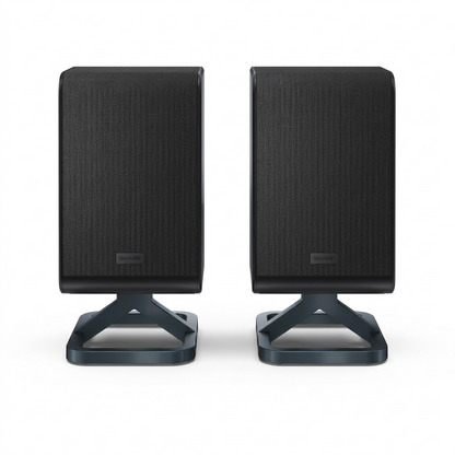 Sharp HT-SPR52021-BK 2.0.2 channel wireless rear surround speakers in black, front view on integrated stands.