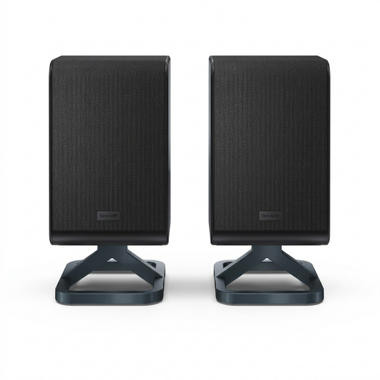 Sharp HT-SPR52021-BK 2.0.2 channel wireless rear surround speakers in black, front view on integrated stands.