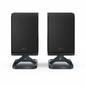 Sharp HT-SPR52021-BK 2.0.2 channel wireless rear surround speakers in black, front view on integrated stands.