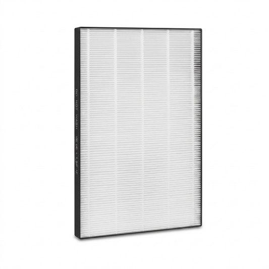 A close-up photograph of the Sharp FZP11HFU True HEPA replacement air purifier filter, featuring white pleated filter media, a black frame, and visible manufacturer markings (like 'DO NOT WASH') in clear, detailed focus. The filter is centered on a clean, solid white background with a soft, natural shadow beneath for a realistic floating effect.