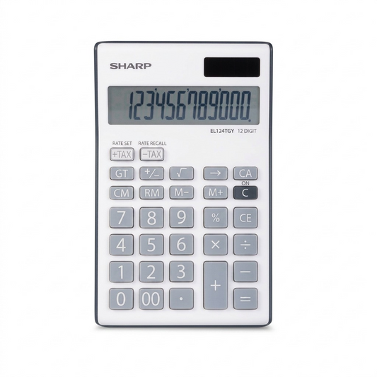A premium, centered hero shot of the SHARP EL124TGY 12-digit calculator on a pure white background.