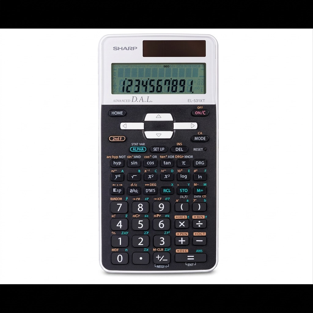 High-resolution pure white backdrop hero shot of the SHARP EL531XTWH mathematical scientific calculator.