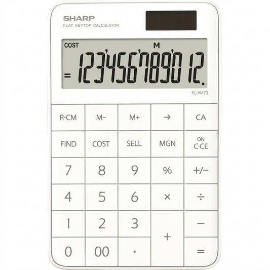 '- Sharp EL-VM73WH 12-Digit Flat Keytop Calculator - Pure white hero shot.