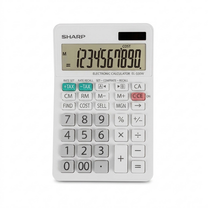 Pure high-resolution hero shot: SHARP EL330W Twin Power 10-digit desktop calculator on a clean white background.