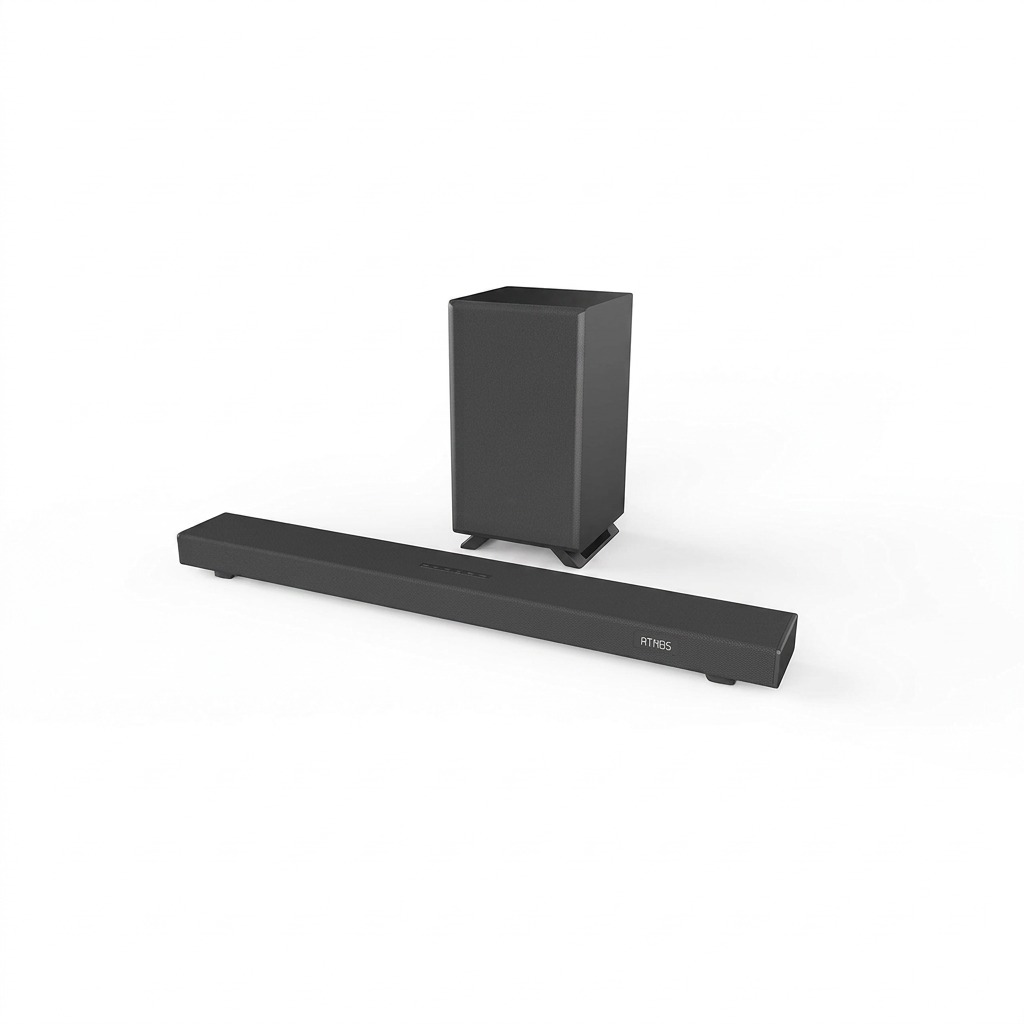 Pure high-resolution hero shot of SHARP HT-SBW53121 3.1.2 soundbar & subwoofer on a white background.