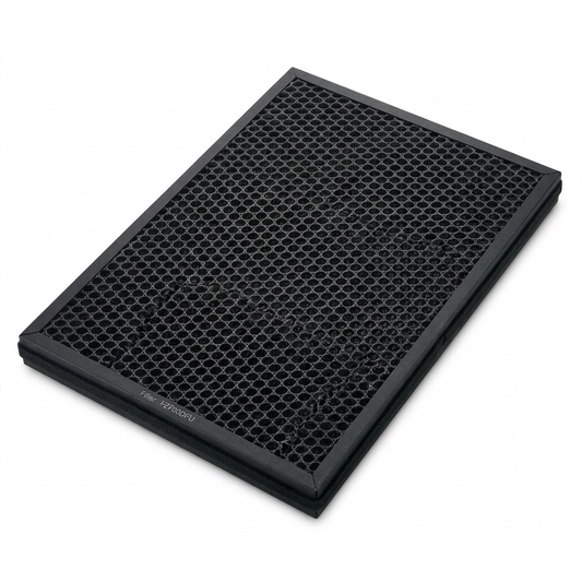 A high-resolution product shot of the Sharp FZF60DFU activated carbon deodorizing filter, showcasing its distinct honeycomb pattern and black frame.