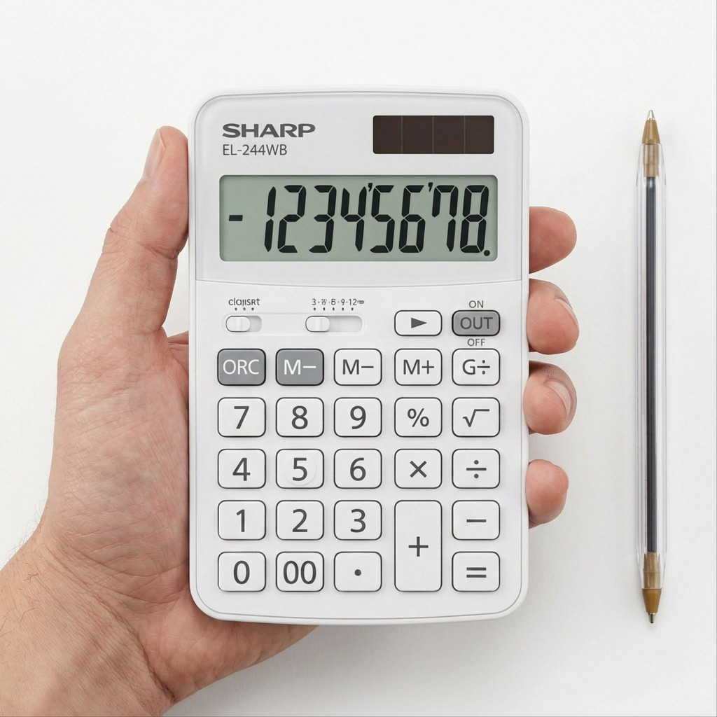 A clean photograph showing the Sharp EL244WB calculator held in an adult's hand for clear scale.
