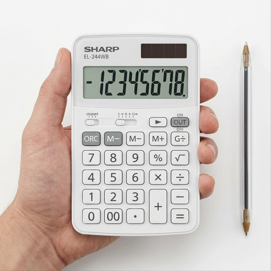 A clean photograph showing the Sharp EL244WB calculator held in an adult's hand for clear scale.