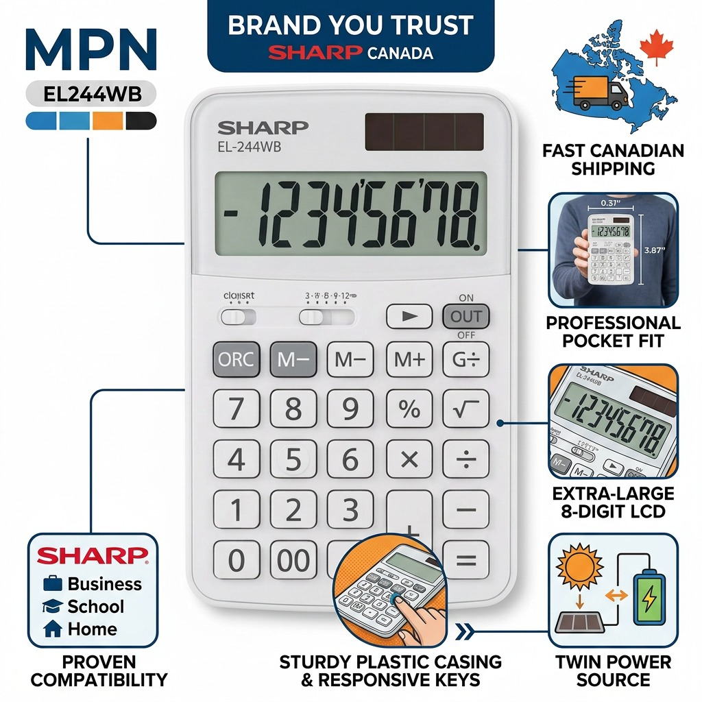 Trust infographic: Sharp EL244WB calculator (MPN EL244WB) with Canadian shipping, specs, and features.