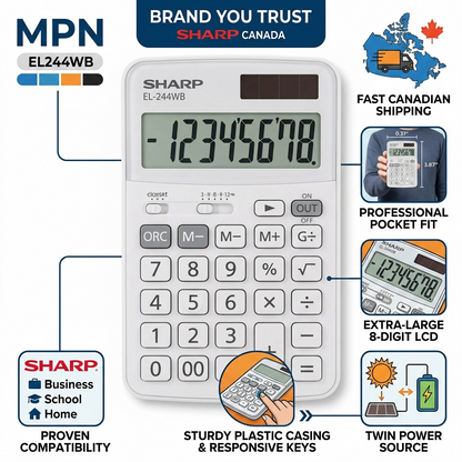 Trust infographic: Sharp EL244WB calculator (MPN EL244WB) with Canadian shipping, specs, and features.