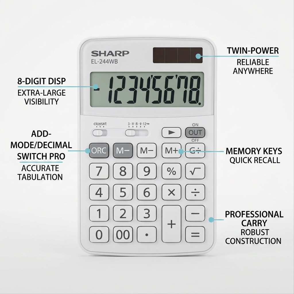 A polished ecommerce infographic showing the SHARP EL-244WB calculator with feature labels for display, power, memory, switches, and construction.