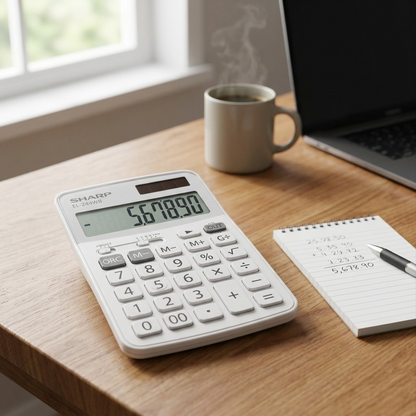 A candid, natural light photograph of the Sharp EL-244WB calculator on a wooden office desk.