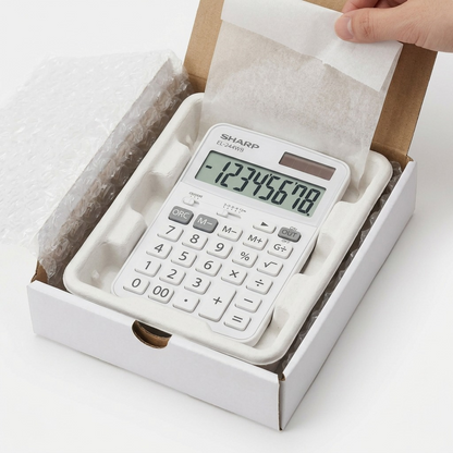A pristine white SHARP EL-244WB calculator rests in a custom-fit protective tray, viewed from the top.