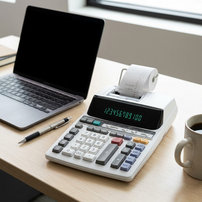 A realistic photo of the SHARP printing calculator on an office desk, positioned next to a mug, pen, and laptop for size reference, showcasing its true scale.