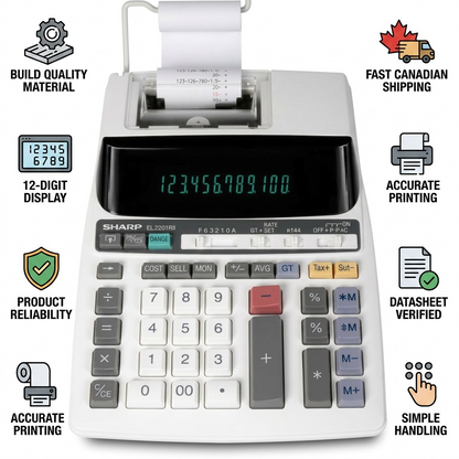 Factual infographic for SHARP EL2201RII calculator featuring icon-style cues on build quality and fast Canadian shipping.