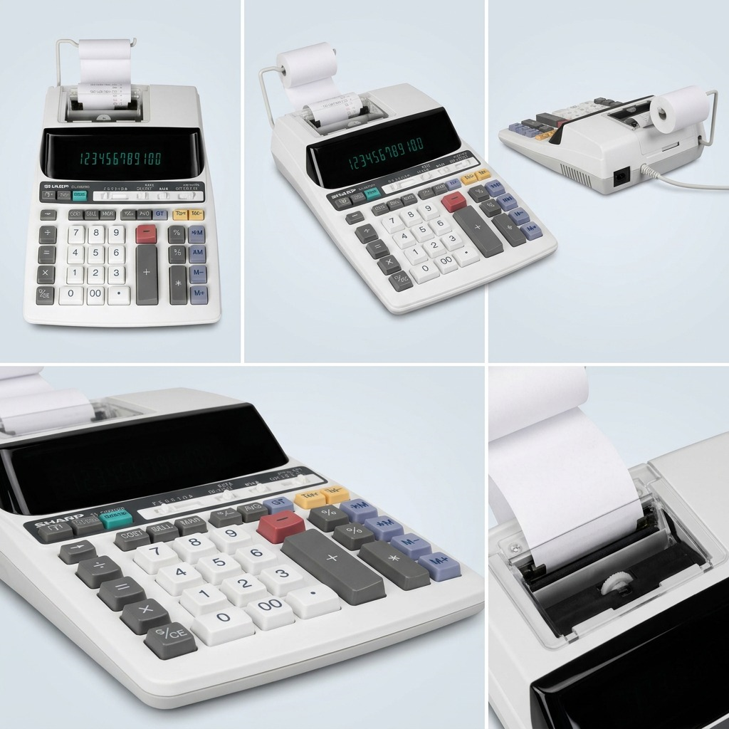 A PDP visual matrix demonstrating five different useful angles of the Sharp EL2201RII calculator.