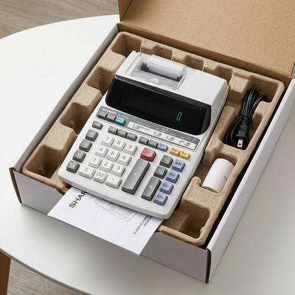 A clean, premium, unboxing photo of the SHARP EL2201RII calculator, showing careful cushioning and secure packaging in neutral materials.