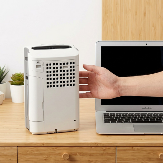 A product size visualization showing the Sharp FZC150DFU filters next to a hand and laptop.