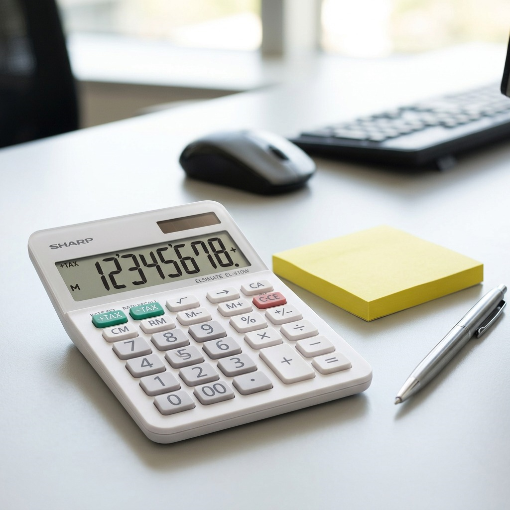 Desk-side view of the Sharp EL310W calculator on an office desk, next to a pen and a pad of sticky notes for scale.