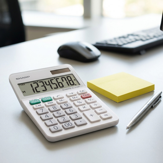 Desk-side view of the Sharp EL310W calculator on an office desk, next to a pen and a pad of sticky notes for scale.