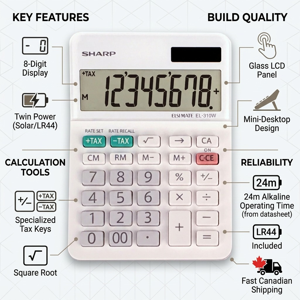 PD-style infographic for the Sharp EL310W calculator, highlighting its key features and fast Canadian shipping.