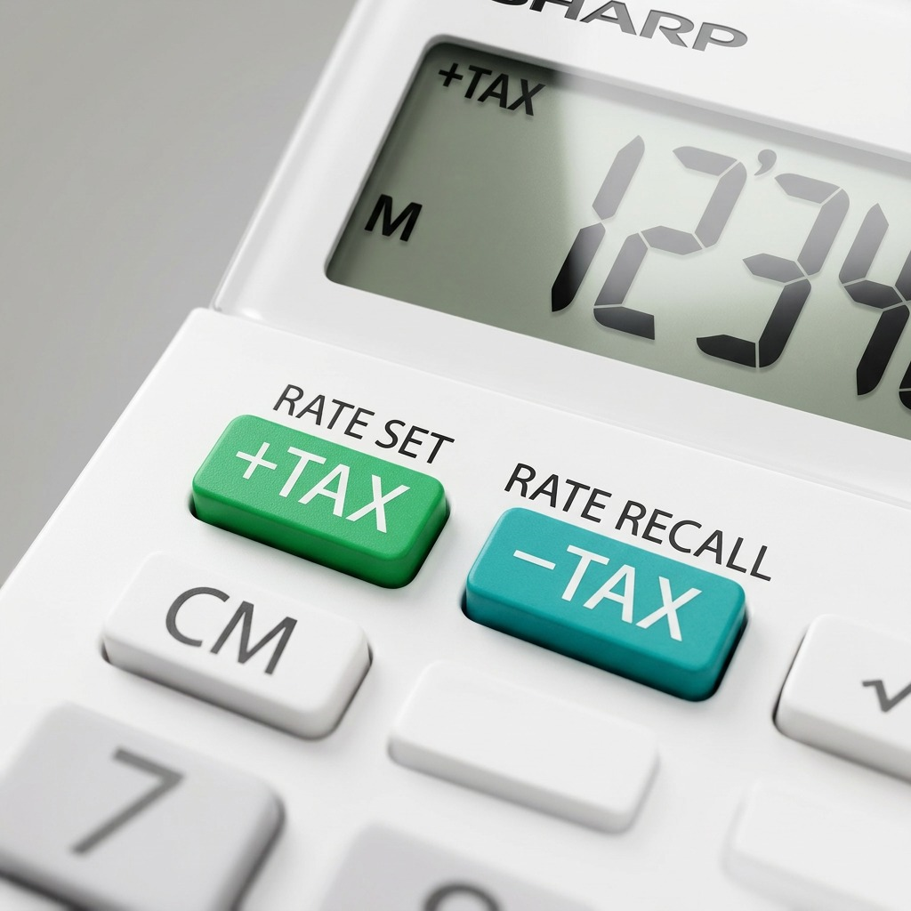 Macro detailed view focusing on the specialized green '+TAX/RATE SET' and teal '-TAX/RATE RECALL' buttons on the white Sharp EL310W calculator.
