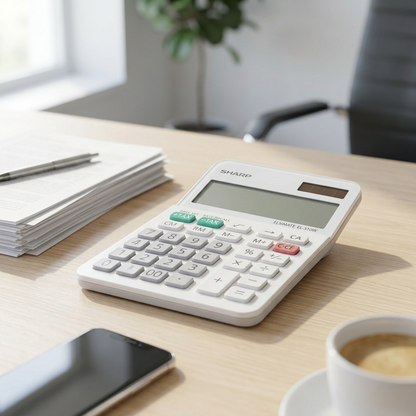 A realistic, well-lit photograph of the white Sharp EL-310W calculator on a clean wooden desk, alongside a stack of papers and a pen, showcasing its professional use.